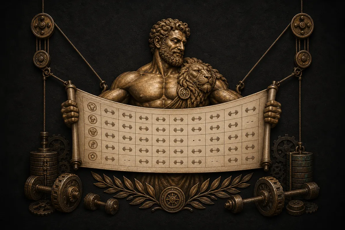 Bronze relief of Hercules consulting his workout plan scroll